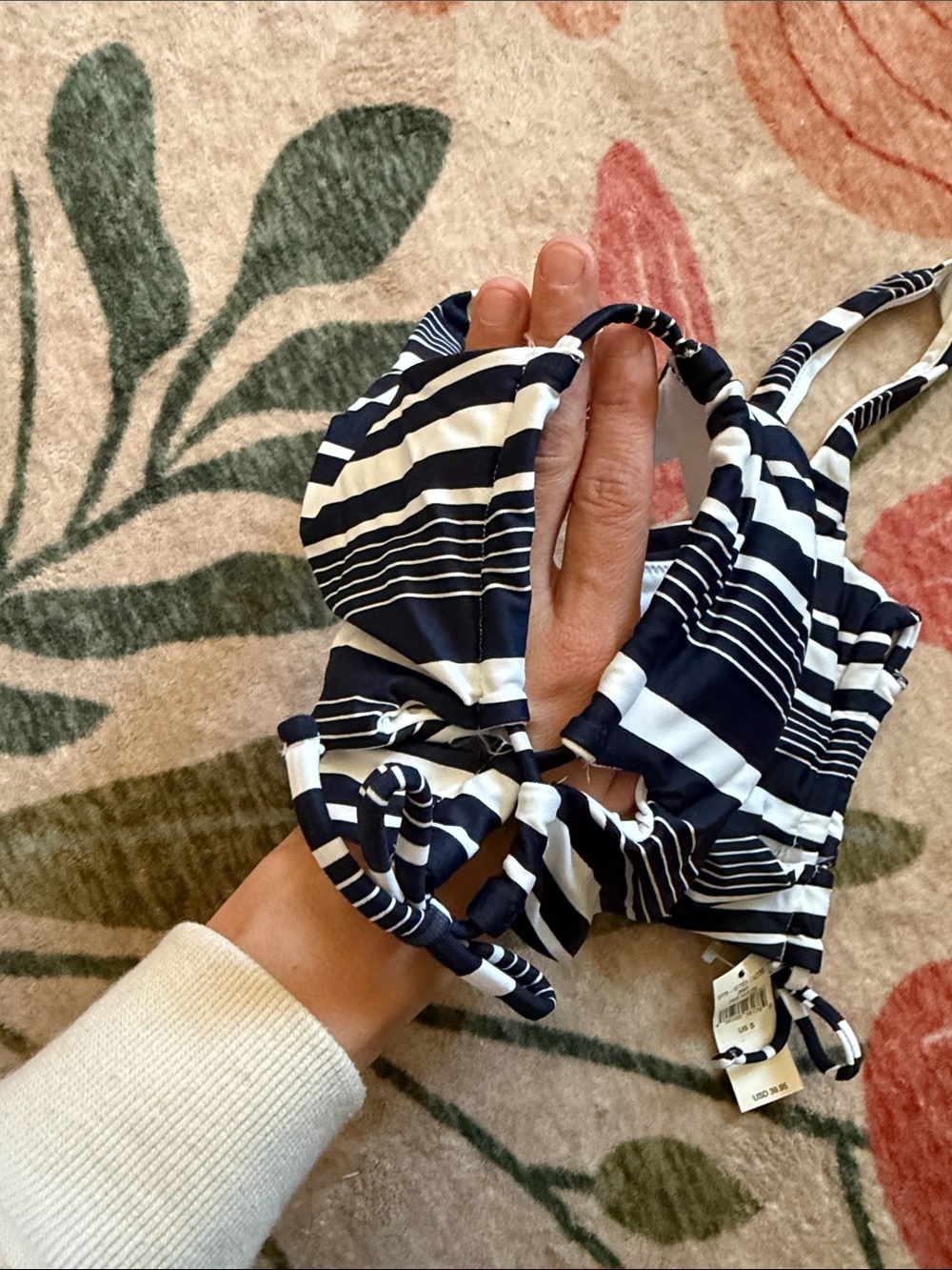 Aerie NWT stripe navy white scoop padded open side swim top small - Picture 3 of 4